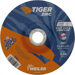Weiler - 60 Grit, 6" Wheel Diam, 7/8" Arbor Hole, Type 27 Depressed Center Wheel - Medium Grade, Zirconia Alumina, Resinoid Bond, T Hardness, 10,200 Max RPM - USA Tool & Supply