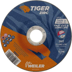 Weiler - 60 Grit, 5" Wheel Diam, 7/8" Arbor Hole, Type 27 Depressed Center Wheel - Medium Grade, Zirconia Alumina, Resinoid Bond, T Hardness, 12,200 Max RPM - USA Tool & Supply