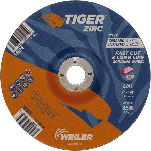 Weiler - 24 Grit, 7" Wheel Diam, 1/4" Wheel Thickness, 7/8" Arbor Hole, Type 27 Depressed Center Wheel - Coarse Grade, Zirconia Alumina, Resinoid Bond, T Hardness, 8,500 Max RPM - USA Tool & Supply