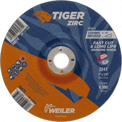 Weiler - 24 Grit, 7" Wheel Diam, 1/4" Wheel Thickness, 7/8" Arbor Hole, Type 27 Depressed Center Wheel - Coarse Grade, Zirconia Alumina, Resinoid Bond, T Hardness, 8,500 Max RPM - USA Tool & Supply