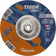 Weiler - 24 Grit, 7" Wheel Diam, 1/4" Wheel Thickness, Type 27 Depressed Center Wheel - Coarse Grade, Zirconia Alumina, Resinoid Bond, T Hardness, 8,500 Max RPM - USA Tool & Supply