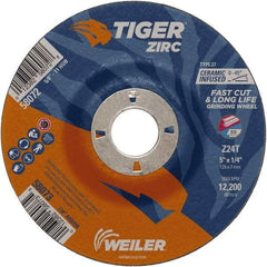 Weiler - 24 Grit, 5" Wheel Diam, 1/4" Wheel Thickness, 7/8" Arbor Hole, Type 27 Depressed Center Wheel - Coarse Grade, Zirconia Alumina, Resinoid Bond, T Hardness, 12,200 Max RPM - USA Tool & Supply