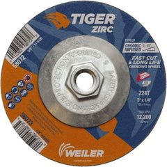 Weiler - 24 Grit, 5" Wheel Diam, 1/4" Wheel Thickness, Type 27 Depressed Center Wheel - Coarse Grade, Zirconia Alumina, Resinoid Bond, T Hardness, 12,200 Max RPM - USA Tool & Supply
