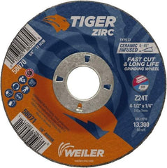 Weiler - 24 Grit, 4-1/2" Wheel Diam, 1/4" Wheel Thickness, 7/8" Arbor Hole, Type 27 Depressed Center Wheel - Coarse Grade, Zirconia Alumina, Resinoid Bond, T Hardness, 13,300 Max RPM - USA Tool & Supply
