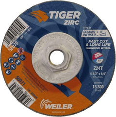 Weiler - 24 Grit, 4-1/2" Wheel Diam, 1/4" Wheel Thickness, Type 27 Depressed Center Wheel - Coarse Grade, Zirconia Alumina, Resinoid Bond, T Hardness, 13,300 Max RPM - USA Tool & Supply