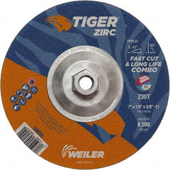 Weiler - 30 Grit, 7" Wheel Diam, 1/8" Wheel Thickness, Type 27 Depressed Center Wheel - Medium Grade, Zirconia Alumina, Resinoid Bond, T Hardness, 8,500 Max RPM - USA Tool & Supply