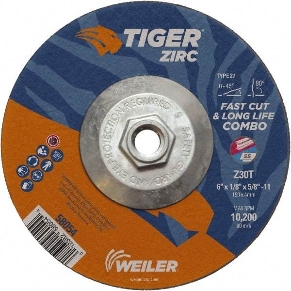 Weiler - 30 Grit, 6" Wheel Diam, 1/8" Wheel Thickness, Type 27 Depressed Center Wheel - Medium Grade, Zirconia Alumina, Resinoid Bond, T Hardness, 10,200 Max RPM - USA Tool & Supply