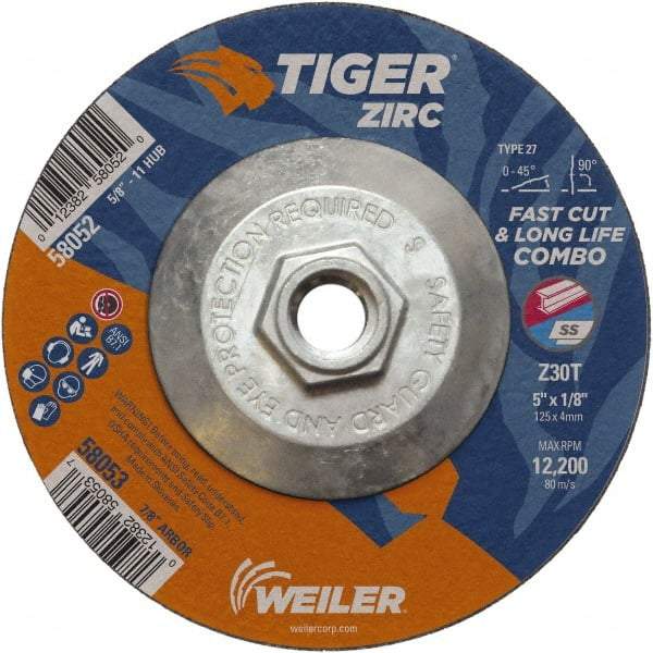 Weiler - 30 Grit, 5" Wheel Diam, 1/8" Wheel Thickness, Type 27 Depressed Center Wheel - Medium Grade, Zirconia Alumina, Resinoid Bond, T Hardness, 12,200 Max RPM - USA Tool & Supply