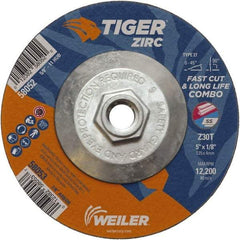 Weiler - 30 Grit, 5" Wheel Diam, 1/8" Wheel Thickness, Type 27 Depressed Center Wheel - Medium Grade, Zirconia Alumina, Resinoid Bond, T Hardness, 12,200 Max RPM - USA Tool & Supply