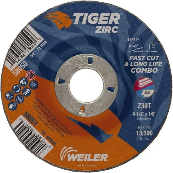 Weiler - 30 Grit, 4-1/2" Wheel Diam, 1/8" Wheel Thickness, 7/8" Arbor Hole, Type 27 Depressed Center Wheel - Medium Grade, Zirconia Alumina, Resinoid Bond, T Hardness, 13,300 Max RPM - USA Tool & Supply
