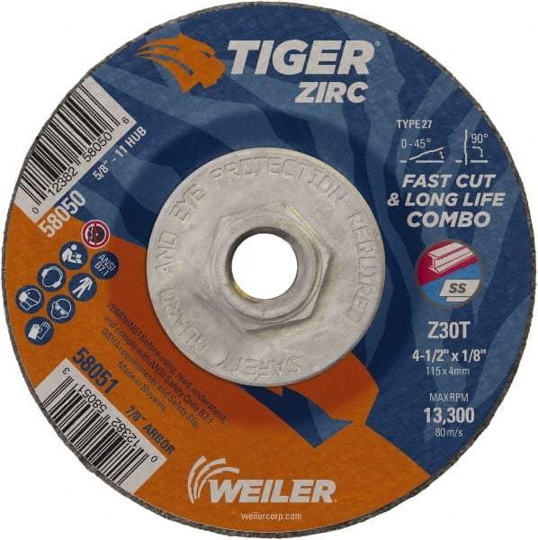 Weiler - 30 Grit, 4-1/2" Wheel Diam, 1/8" Wheel Thickness, Type 27 Depressed Center Wheel - Medium Grade, Zirconia Alumina, Resinoid Bond, T Hardness, 13,300 Max RPM - USA Tool & Supply