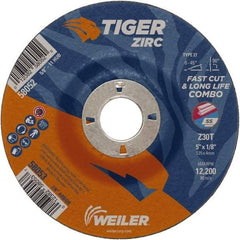 Weiler - 30 Grit, 5" Wheel Diam, 1/8" Wheel Thickness, 7/8" Arbor Hole, Type 27 Depressed Center Wheel - Medium Grade, Zirconia Alumina, Resinoid Bond, T Hardness, 12,200 Max RPM - USA Tool & Supply
