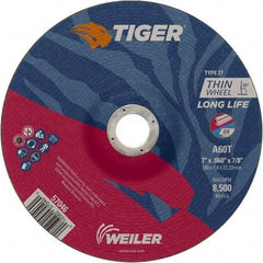 Weiler - 60 Grit, 7" Wheel Diam, 7/8" Arbor Hole, Type 27 Depressed Center Wheel - Medium Grade, Aluminum Oxide, Resinoid Bond, T Hardness, 8,500 Max RPM - USA Tool & Supply