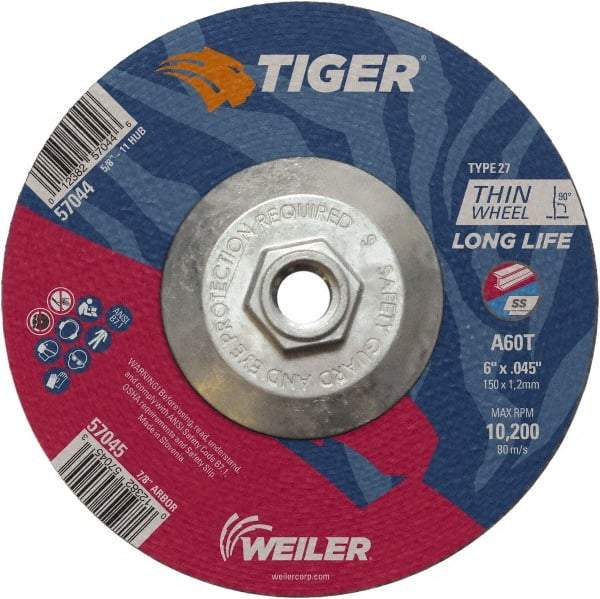 Weiler - 60 Grit, 6" Wheel Diam, Type 27 Depressed Center Wheel - Medium Grade, Aluminum Oxide, Resinoid Bond, T Hardness, 10,200 Max RPM - USA Tool & Supply