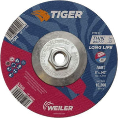 Weiler - 60 Grit, 6" Wheel Diam, Type 27 Depressed Center Wheel - Medium Grade, Aluminum Oxide, Resinoid Bond, T Hardness, 10,200 Max RPM - USA Tool & Supply