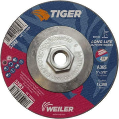Weiler - 60 Grit, 5" Wheel Diam, 3/32" Wheel Thickness, Type 27 Depressed Center Wheel - Medium Grade, Aluminum Oxide, Resinoid Bond, T Hardness, 12,200 Max RPM - USA Tool & Supply