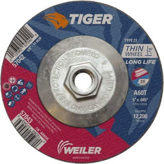 Weiler - 60 Grit, 5" Wheel Diam, Type 27 Depressed Center Wheel - Medium Grade, Aluminum Oxide, Resinoid Bond, T Hardness, 12,200 Max RPM - USA Tool & Supply