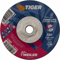 Weiler - 60 Grit, 4-1/2" Wheel Diam, 3/32" Wheel Thickness, Type 27 Depressed Center Wheel - Medium Grade, Aluminum Oxide, Resinoid Bond, T Hardness, 13,300 Max RPM - USA Tool & Supply