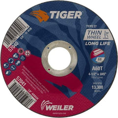 Weiler - 60 Grit, 4-1/2" Wheel Diam, Type 27 Depressed Center Wheel - Medium Grade, Aluminum Oxide, Resinoid Bond, T Hardness, 13,300 Max RPM - USA Tool & Supply
