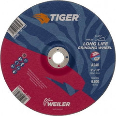 Weiler - 24 Grit, 9" Wheel Diam, 1/4" Wheel Thickness, 7/8" Arbor Hole, Type 27 Depressed Center Wheel - Coarse Grade, Aluminum Oxide, Resinoid Bond, R Hardness, 6,600 Max RPM - USA Tool & Supply