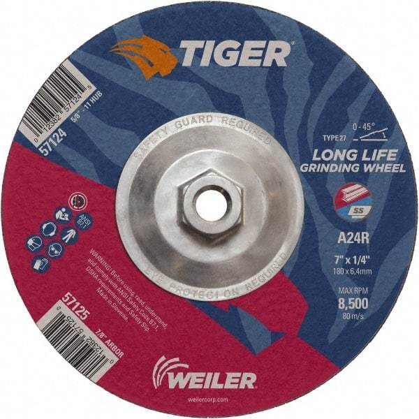 Weiler - 24 Grit, 7" Wheel Diam, 1/4" Wheel Thickness, 7/8" Arbor Hole, Type 27 Depressed Center Wheel - Coarse Grade, Aluminum Oxide, Resinoid Bond, R Hardness, 8,500 Max RPM - USA Tool & Supply