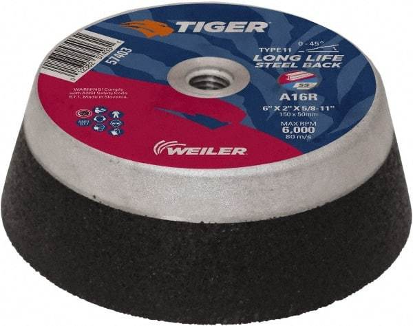 Weiler - 6" Diam, 5/8" Hole Size, 2" Overall Thickness, 16 Grit, Type 11 Tool & Cutter Grinding Wheel - Very Coarse Grade, Aluminum Oxide, R Hardness, Resinoid Bond, 6,000 RPM - USA Tool & Supply