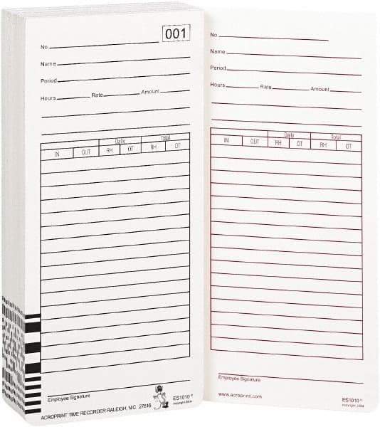 Acroprint Time Recorder - 9/10" High x 3-2/5" Wide Weekly Time Cards - White, Use with Acroprint Model ES1000 - USA Tool & Supply