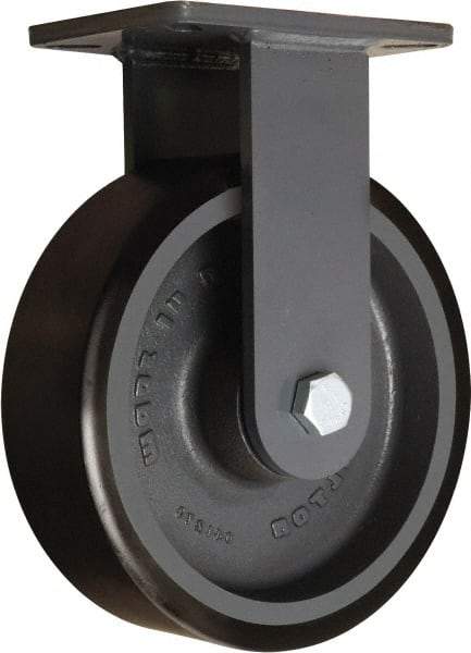 Hamilton - 10" Diam x 3" Wide x 12-1/2" OAH Top Plate Mount Rigid Caster - Polyurethane Mold onto Cast Iron Center, 3,900 Lb Capacity, Tapered Roller Bearing, 5-1/4 x 7-1/4" Plate - USA Tool & Supply