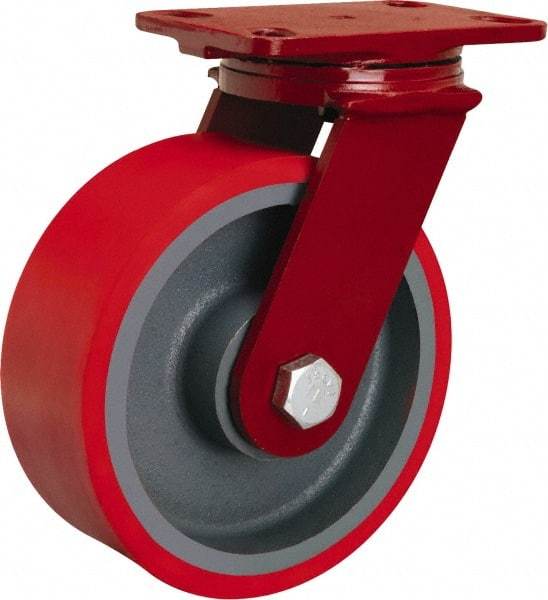 Hamilton - 8" Diam x 3" Wide x 10-1/8" OAH Top Plate Mount Swivel Caster - Polyurethane Mold onto Cast Iron Center, 2,200 Lb Capacity, Sealed Precision Ball Bearing, 4-1/2 x 6-1/2" Plate - USA Tool & Supply