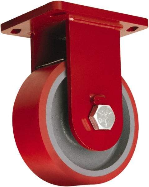 Hamilton - 10" Diam x 3" Wide x 12-1/2" OAH Top Plate Mount Rigid Caster - Polyurethane Mold onto Cast Iron Center, 3,600 Lb Capacity, Tapered Roller Bearing, 6-1/2 x 7-1/2" Plate - USA Tool & Supply