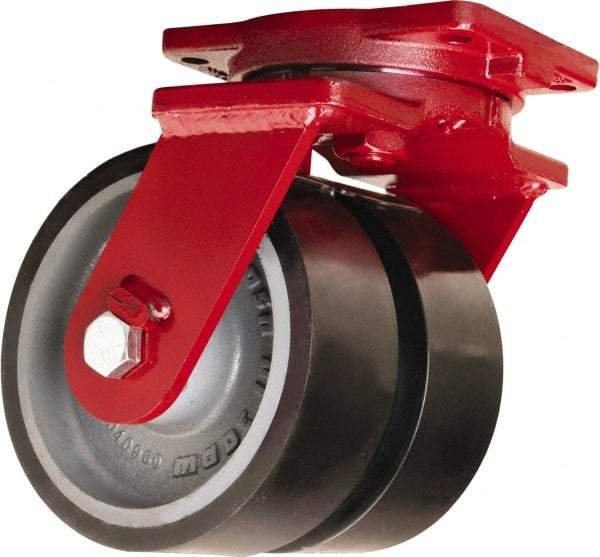 Hamilton - 8" Diam x 3" Wide x 10-1/2" OAH Top Plate Mount Dual Swivel Caster - Polyurethane Mold onto Cast Iron Center, 6,500 Lb Capacity, Sealed Precision Ball Bearing, 6-1/8 x 7-1/2" Plate - USA Tool & Supply