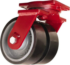Hamilton - 8" Diam x 3" Wide x 10-1/2" OAH Top Plate Mount Dual Swivel Caster - Polyurethane Mold onto Cast Iron Center, 6,500 Lb Capacity, Tapered Roller Bearing, 6-1/8 x 7-1/2" Plate - USA Tool & Supply