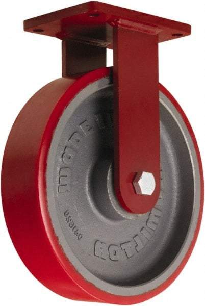 Hamilton - 12" Diam x 3" Wide x 14-1/2" OAH Top Plate Mount Rigid Caster - Polyurethane Mold onto Cast Iron Center, 4,200 Lb Capacity, Tapered Roller Bearing, 5-1/2 x 7-1/2" Plate - USA Tool & Supply