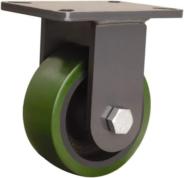 Hamilton - 6" Diam x 2-1/2" Wide x 8" OAH Top Plate Mount Rigid Caster - Polyurethane Mold onto Cast Iron Center, 1,600 Lb Capacity, Tapered Roller Bearing, 5-1/4 x 7-1/4" Plate - USA Tool & Supply