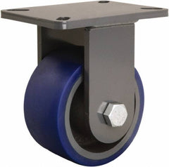 Hamilton - 6" Diam x 3" Wide x 8" OAH Top Plate Mount Rigid Caster - Polyurethane Mold onto Cast Iron Center, 1,800 Lb Capacity, Tapered Roller Bearing, 5-1/4 x 7-1/4" Plate - USA Tool & Supply