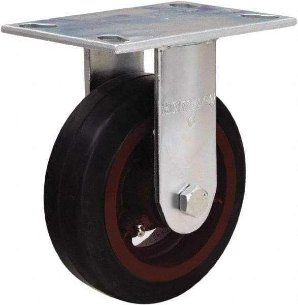 Hamilton - 6" Diam x 2" Wide x 7-1/2" OAH Top Plate Mount Rigid Caster - Rubber Mold on Cast Iron, 410 Lb Capacity, Straight Roller Bearing, 4-1/2 x 6-1/4" Plate - USA Tool & Supply