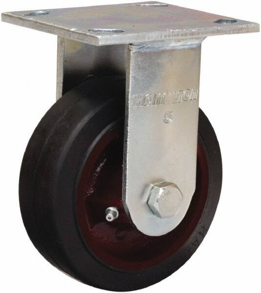 Hamilton - 4" Diam x 2" Wide x 5-5/8" OAH Top Plate Mount Rigid Caster - Rubber Mold on Cast Iron, Straight Roller Bearing, 4 x 4-1/2" Plate - USA Tool & Supply