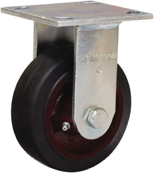 Hamilton - 5" Diam x 2" Wide x 6-1/2" OAH Top Plate Mount Rigid Caster - Rubber Mold on Cast Iron, 350 Lb Capacity, Straight Roller Bearing, 4 x 4-1/2" Plate - USA Tool & Supply
