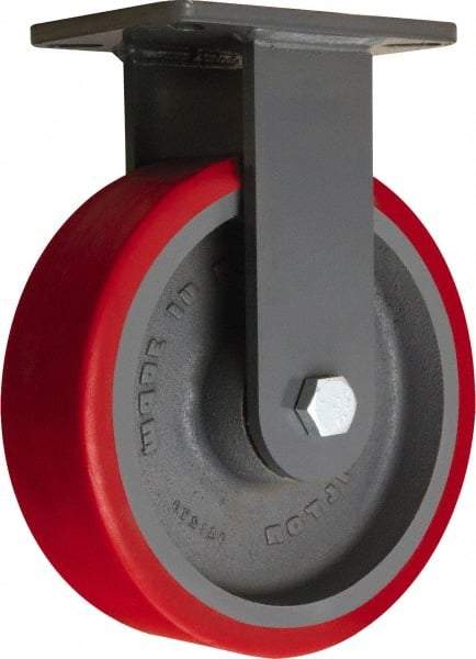 Hamilton - 10" Diam x 3" Wide x 12-1/2" OAH Top Plate Mount Rigid Caster - Polyurethane Mold onto Cast Iron Center, 3,600 Lb Capacity, Tapered Roller Bearing, 5-1/4 x 7-1/4" Plate - USA Tool & Supply