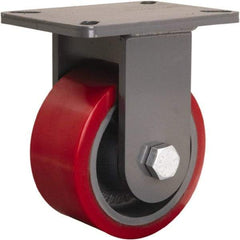 Hamilton - 6" Diam x 3" Wide x 8" OAH Top Plate Mount Rigid Caster - Polyurethane Mold onto Cast Iron Center, 2,600 Lb Capacity, Tapered Roller Bearing, 5-1/4 x 7-1/4" Plate - USA Tool & Supply