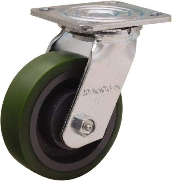 Hamilton - 5" Diam x 1-1/2" Wide x 6-1/8" OAH Top Plate Mount Swivel Caster - Polyurethane Mold onto Cast Iron Center, 550 Lb Capacity, Straight Roller Bearing, 4 x 4-1/2" Plate - USA Tool & Supply