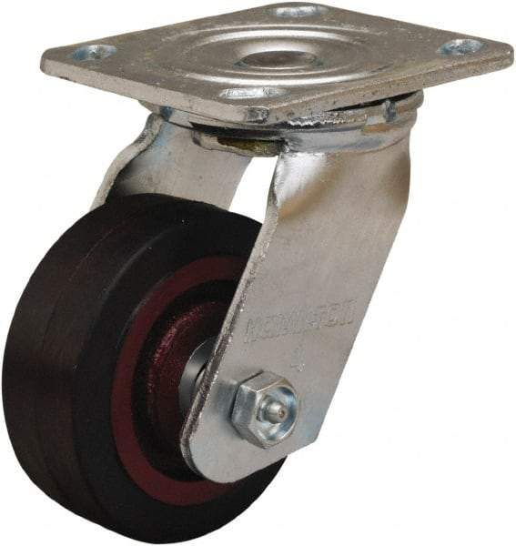 Hamilton - 4" Diam x 1-1/2" Wide x 5-5/8" OAH Top Plate Mount Swivel Caster - Rubber Mold on Cast Iron, 200 Lb Capacity, Straight Roller Bearing, 4 x 4-1/2" Plate - USA Tool & Supply