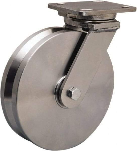 Hamilton - 8" Diam x 2" Wide, Stainless Steel Swivel Caster - 1,600 Lb Capacity, Top Plate Mount, 4" x 5" Plate, Delrin Bearing - USA Tool & Supply