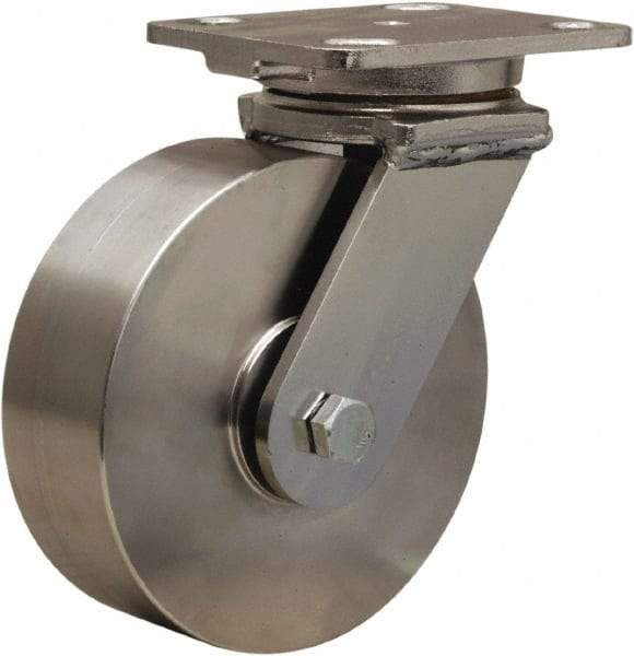Hamilton - 6" Diam x 2" Wide x 7-1/2" OAH Top Plate Mount Swivel Caster - Forged Steel, 1,200 Lb Capacity, Stainless Steel Double Shielded Precision Ball Bearing, 4 x 5" Plate - USA Tool & Supply