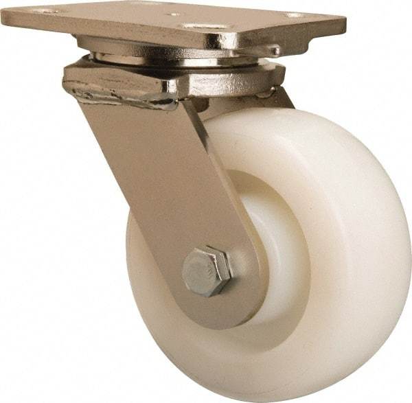 Hamilton - 5" Diam x 2" Wide x 6-1/2" OAH Top Plate Mount Swivel Caster - Nylon, 900 Lb Capacity, Stainless Steel Double Shielded Precision Ball Bearing, 4 x 5" Plate - USA Tool & Supply
