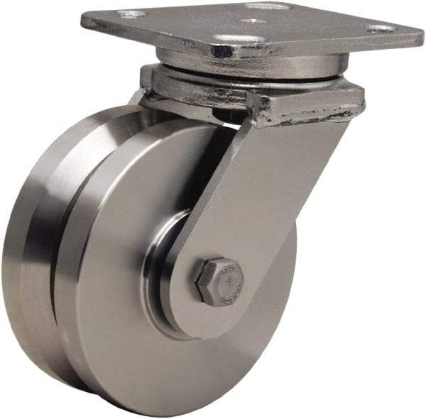 Hamilton - 5" Diam x 2" Wide, Stainless Steel Swivel Caster - 950 Lb Capacity, Top Plate Mount, 4" x 5" Plate, Delrin Bearing - USA Tool & Supply