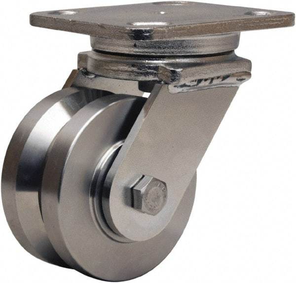Hamilton - 4" Diam x 2" Wide, Stainless Steel Swivel Caster - 850 Lb Capacity, Top Plate Mount, 4" x 5" Plate, Delrin Bearing - USA Tool & Supply