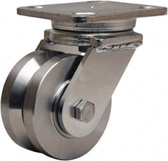 Hamilton - 4" Diam x 2" Wide, Stainless Steel Swivel Caster - 850 Lb Capacity, Top Plate Mount, 4" x 5" Plate, Delrin Bearing - USA Tool & Supply