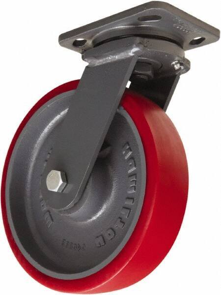 Hamilton - 8" Diam x 2" Wide x 9-1/2" OAH Top Plate Mount Swivel Caster - Polyurethane Mold onto Cast Iron Center, 1,800 Lb Capacity, Sealed Precision Ball Bearing, 4 x 5" Plate - USA Tool & Supply