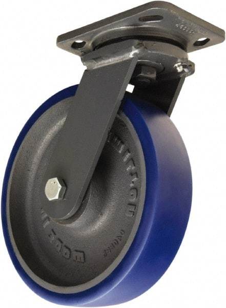 Hamilton - 8" Diam x 2" Wide x 9-1/2" OAH Top Plate Mount Swivel Caster - Polyurethane Mold onto Cast Iron Center, 1,200 Lb Capacity, Tapered Roller Bearing, 4 x 5" Plate - USA Tool & Supply